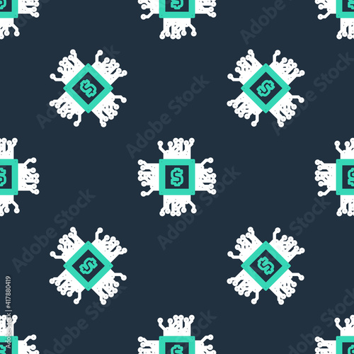 Line CPU mining farm icon isolated seamless pattern on black background. Bitcoin sign inside processor. Cryptocurrency mining community. Digital money. Vector.