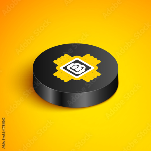 Isometric line CPU mining farm icon isolated on yellow background. Bitcoin sign inside microchip. Cryptocurrency mining community. Digital money. Black circle button. Vector.