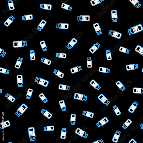 Line Medical vial, ampoule, bottle icon isolated seamless pattern on black background. Vaccination, injection, vaccine healthcare concept. Vector.