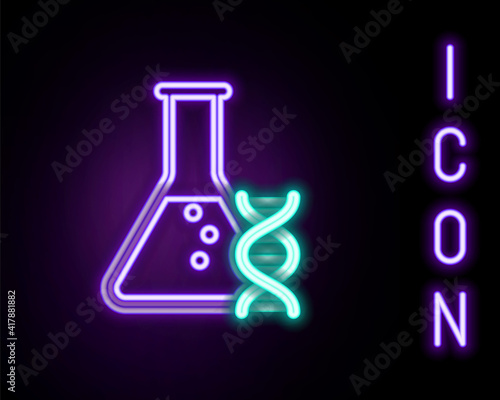 Glowing neon line DNA research, search icon isolated on black background. Genetic engineering, genetics testing, cloning, paternity testing. Colorful outline concept. Vector.