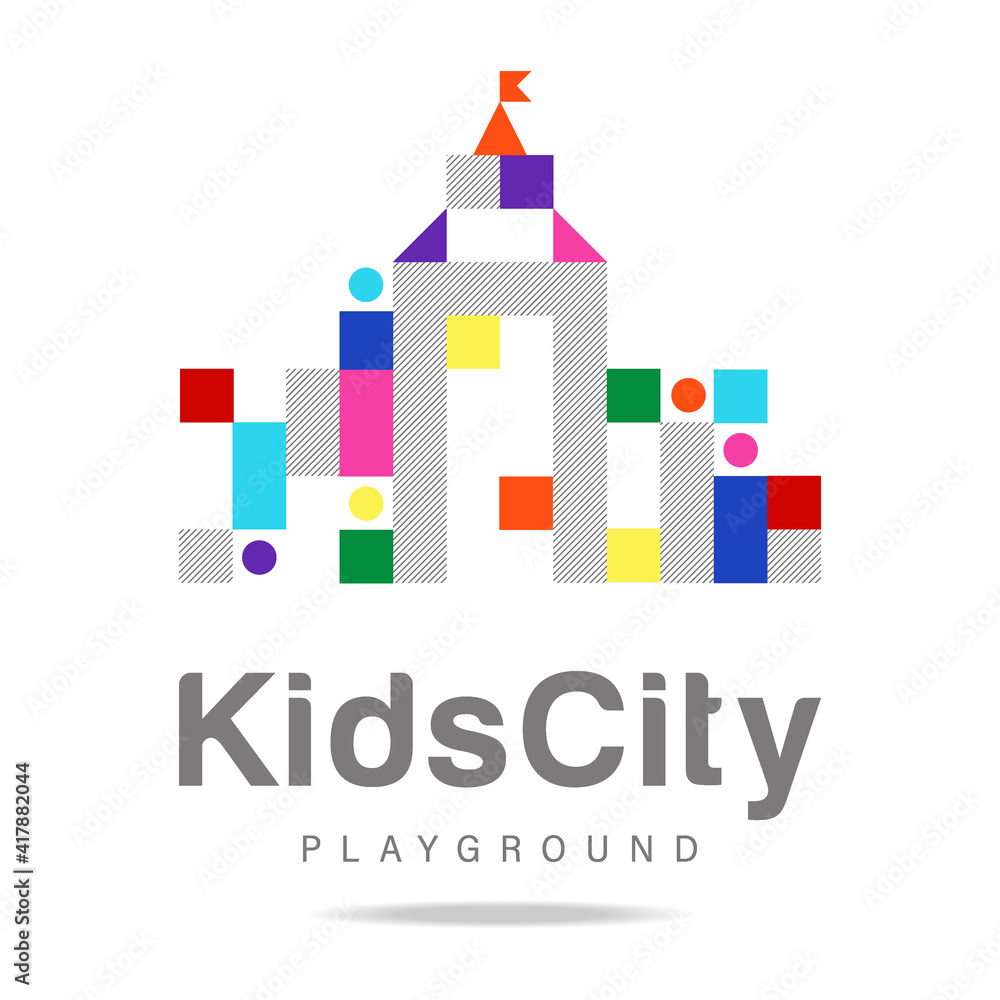 Kids zone, kids city, playground abstract logo. Colorful sign, symbol, icon, template logo kindergarten, kids sport club, sports complexes and equipment for kids room and playgrounds. Vector image.