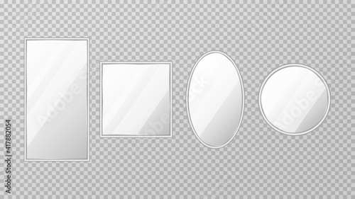 Mirror frames or mirror decor interior. Realistic mirrors set. Vector illustration.