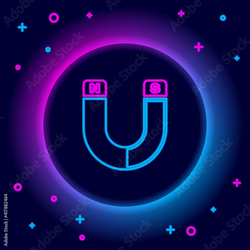 Glowing neon line Magnet icon isolated on black background. Horseshoe magnet, magnetism, magnetize, attraction sign. Colorful outline concept. Vector.