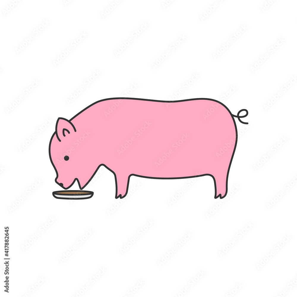 Pig small cute pet pink eating food bowl side view vector illustration.
