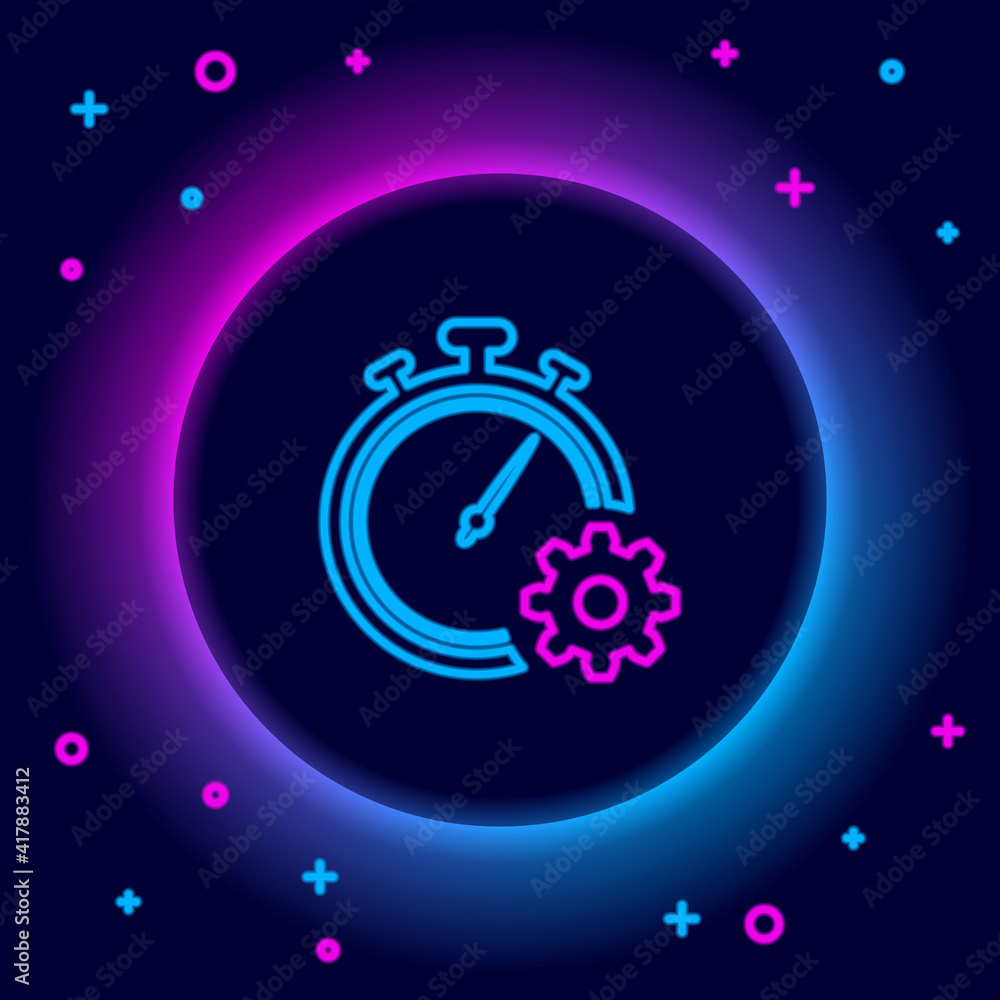 Glowing neon line Time management icon isolated on black background. Clock and gear sign. Productivity symbol. Colorful outline concept. Vector.