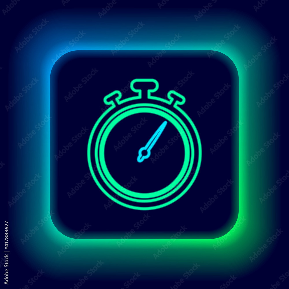 Glowing neon line Stopwatch icon isolated on black background. Time timer sign. Chronometer sign. Colorful outline concept. Vector. Glowing neon line Stopwatch icon isolated on black background. Time timer sign. Chronometer sign. Colorful outline concept. Vector.