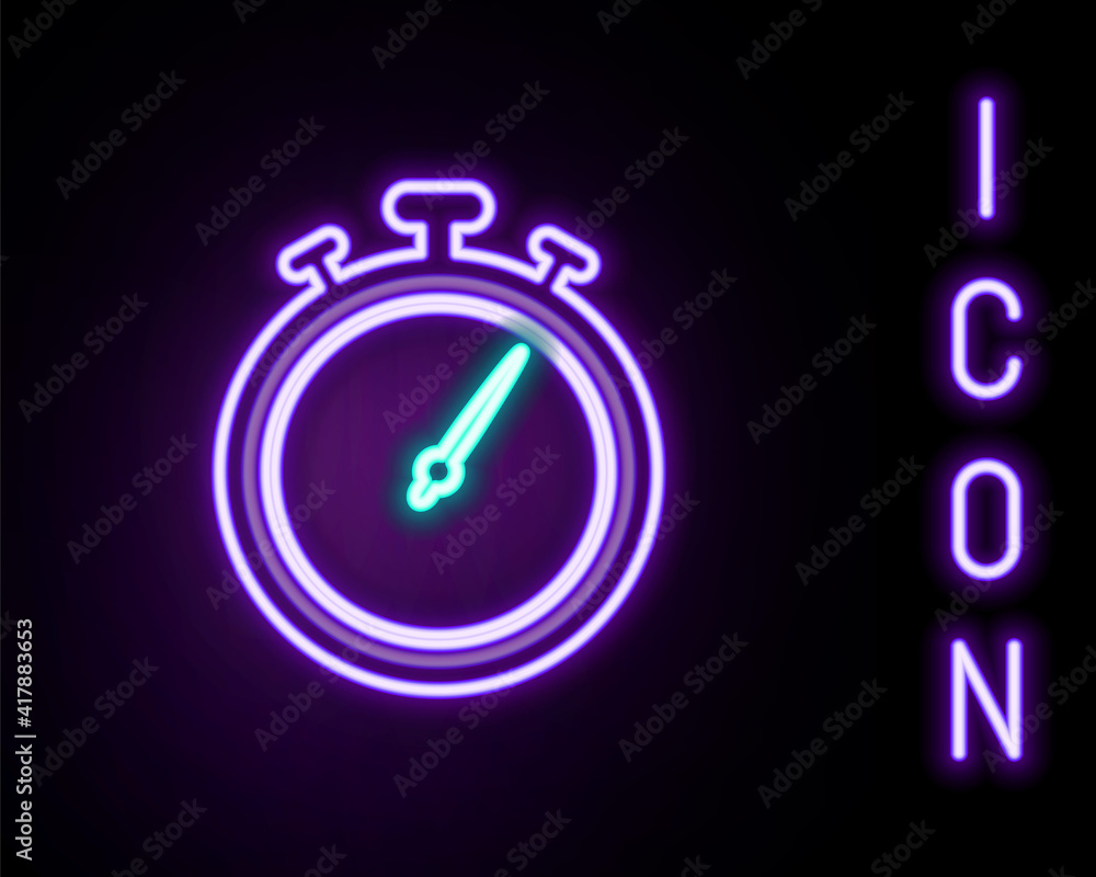 Glowing neon line Stopwatch icon isolated on black background. Time timer sign. Chronometer sign. Colorful outline concept. Vector. Glowing neon line Stopwatch icon isolated on black background. Time timer sign. Chronometer sign. Colorful outline concept. Vector.