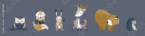 Cute cartoon animals set. Funny woodland characters on dark background. Vector illustration.