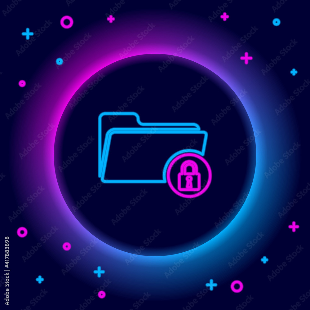 Glowing neon line Folder and lock icon isolated on black background. Closed folder and padlock. Security, safety, protection concept. Colorful outline concept. Vector. Glowing neon line Folder and lock icon isolated on black background. Closed folder and padlock. Security, safety, protection concept. Colorful outline concept. Vector.