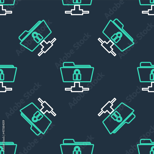 Line FTP folder and lock icon isolated seamless pattern on black background. Concept of software update, ftp transfer protocol. Security, safety, protection concept. Vector.