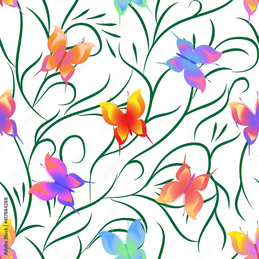 Summer pattern with color butterflies on white