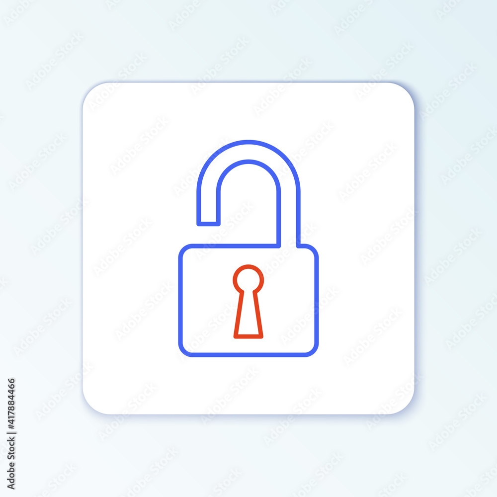 Line Open padlock icon isolated on white background. Opened lock sign. Cyber security concept. Digital data protection. Safety safety. Colorful outline concept. Vector. Line Open padlock icon isolated on white background. Opened lock sign. Cyber security concept. Digital data protection. Safety safety. Colorful outline concept. Vector.