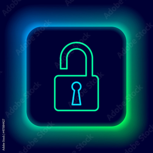 Glowing neon line Open padlock icon isolated on black background. Opened lock sign. Cyber security concept. Digital data protection. Safety safety. Colorful outline concept. Vector.