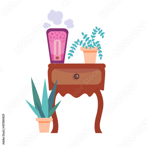 Vector illustration of a room with a humidifier in a flat style. The humidifier is on the nightstand, surrounded by indoor plants and watering cans. The concept of a healthy climate in the house.