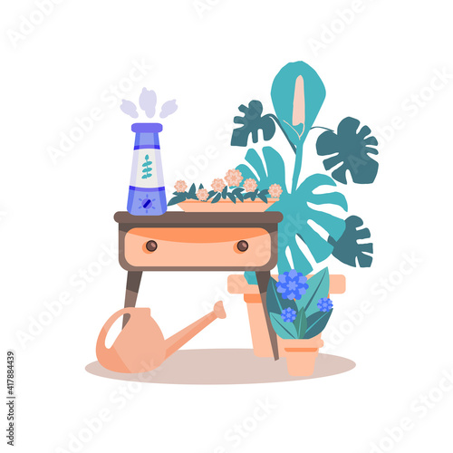 Vector illustration of a room with a humidifier in a flat style. The humidifier is on the nightstand, surrounded by indoor plants and watering cans. The concept of a healthy climate in the house.