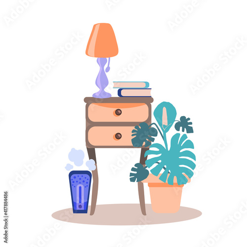 Vector illustration of a room with a humidifier in a flat style. The humidifier stands next to the nightstand, surrounded by indoor plants. The concept of a healthy climate in the house.