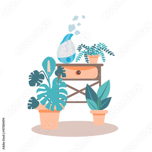 Vector illustration of a room with a humidifier in a flat style. The humidifier is on the nightstand, surrounded by indoor plants. The concept of a healthy climate in the house.