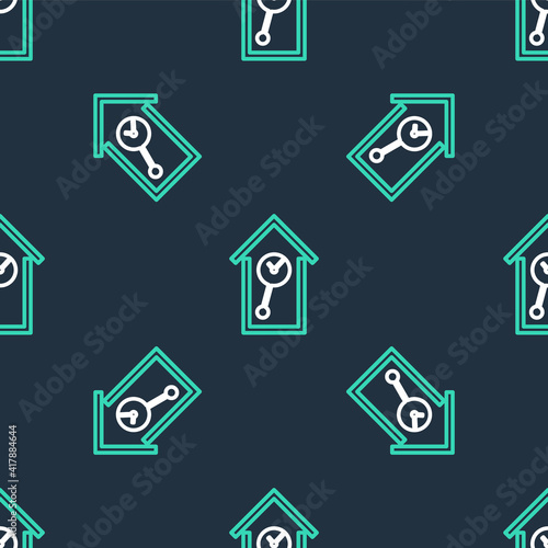 Line Retro wall watch icon isolated seamless pattern on black background. Cuckoo clock sign. Antique pendulum clock. Vector.