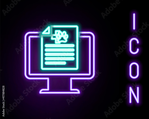 Glowing neon line Medical clinical record pet on monitor icon isolated on black background. Health insurance form. Prescription, medical check marks report. Colorful outline concept. Vector.