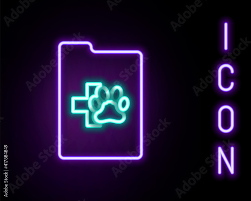 Glowing neon line Clipboard with medical clinical record pet icon isolated on black background. Health insurance form. Medical check marks report. Colorful outline concept. Vector.