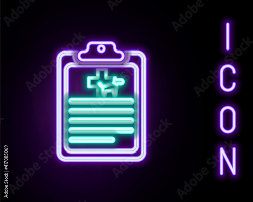 Glowing neon line Clipboard with medical clinical record pet icon isolated on black background. Health insurance form. Medical check marks report. Colorful outline concept. Vector.