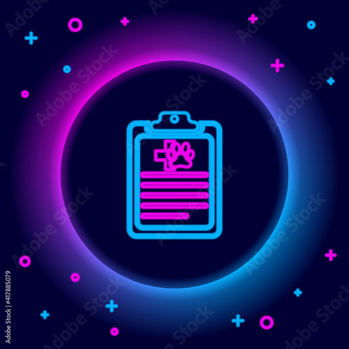 Glowing neon line Clipboard with medical clinical record pet icon isolated on black background. Health insurance form. Medical check marks report. Colorful outline concept. Vector.