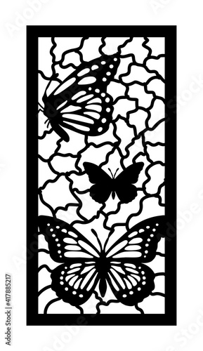 Cnc pattern with butterfly. Decorative panel, screen,wall. Vector butterfly cnc panel for laser cutting. Template for interior partition, room divider, privacy fence