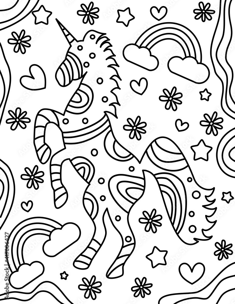 cute cartoon unicorn, flowers, hearts, stars and rainbow black and white vector illustration for coloring art