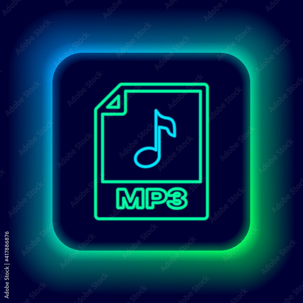 Glowing neon line MP3 file document. Download mp3 button icon isolated on black background. Mp3 music format sign. MP3 file symbol. Colorful outline concept. Vector. Glowing neon line MP3 file document. Download mp3 button icon isolated on black background. Mp3 music format sign. MP3 file symbol. Colorful outline concept. Vector.