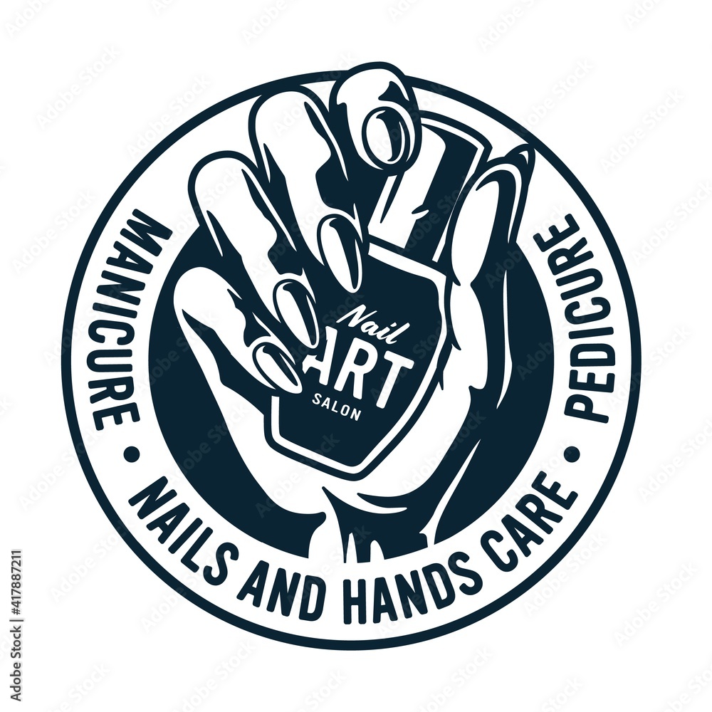 Emblem for beauty studio. Woman wrist with varnish. Female hand with manicure polish for nail bar. Fashion, trendy style of fingernail Emblem for beauty studio. Woman wrist with varnish. Female hand with manicure polish for nail bar. Fashion, trendy style of fingernail