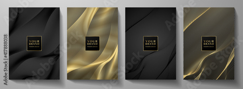Modern cover design set. Gold abstract line pattern (guilloche curves) in premium colors: black and gold . Luxury wavy stripe vector layout for business background, certificate, brochure template