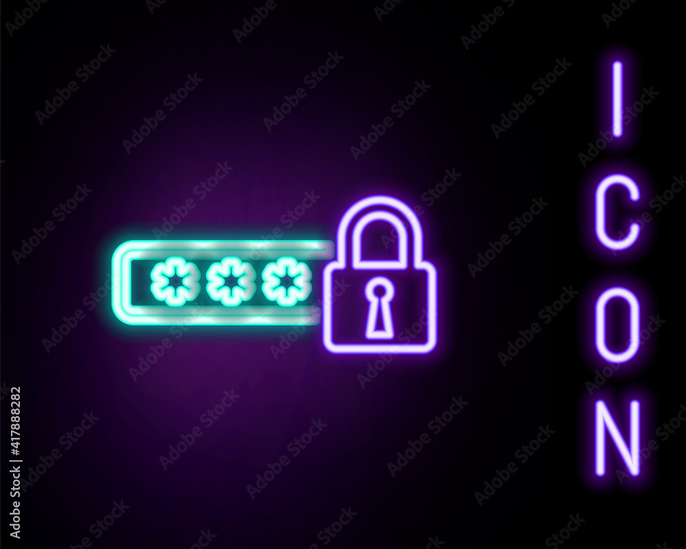 Glowing neon line Password protection and safety access icon isolated on black background. Lock icon. Security, safety, protection, privacy concept. Colorful outline concept. Vector. Glowing neon line Password protection and safety access icon isolated on black background. Lock icon. Security, safety, protection, privacy concept. Colorful outline concept. Vector.