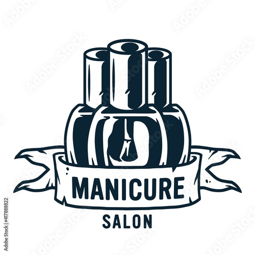 Manicure polish or varnish in bottle with brush for nail bar and beauty salon. Emblem for fingernail studio or logo of manicurist service