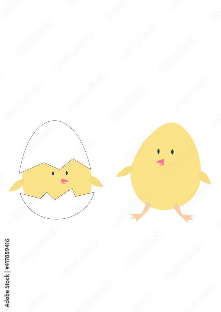 Cute cartoon chicken standing next to a little chicken in shell, vector illustration Cute cartoon chicken standing next to a little chicken in shell, vector illustration