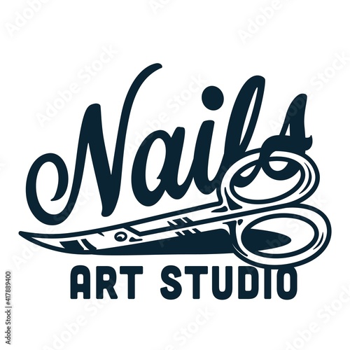 Emblem with manicure scissors or tools for nail bar and beauty salon. Clipper or instrument fingernail studio or manicurist service