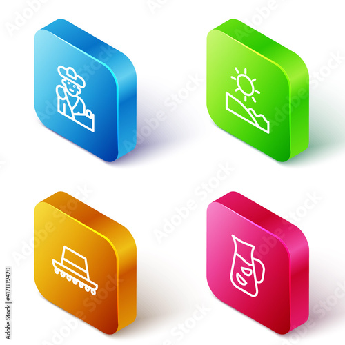 Set Isometric line Bullfight, matador, Beach, Spanish hat and Sangria icon. Vector.
