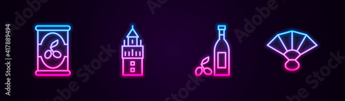 Set line Olives in can, Giralda, Bottle of olive oil and Fan flamenco. Glowing neon icon. Vector.
