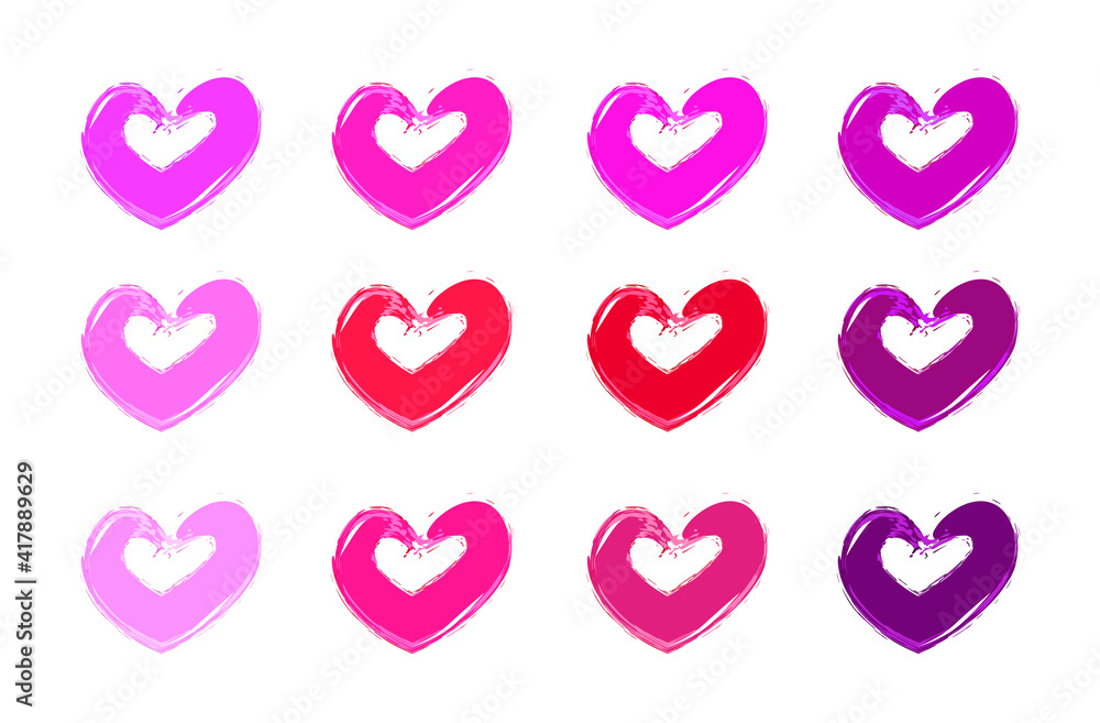 Fototapeta premium Fashionable contemporary make-up set of beautiful spots in the form of hearts painted with a brush and a finger. Red shades. Lipstick, blush, lip pencil.