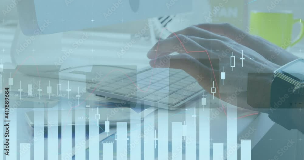 Animation of financial data processing over man typing on computer keyboard and cardboard boxes Animation of financial data processing over man typing on computer keyboard and cardboard boxes