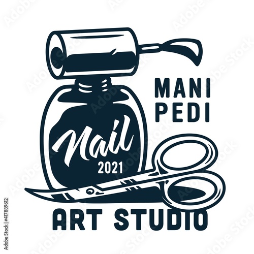 Manicure scissors, polish or varnish in bottle with brush for nail bar and beauty salon. Emblem for fingernail studio or logo of manicurist service