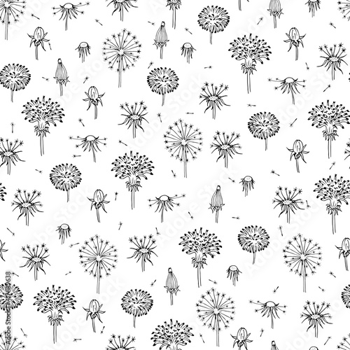 Dandelions seamless. Fly seeds of dandelion. Summer background with black flowers and flying seed.