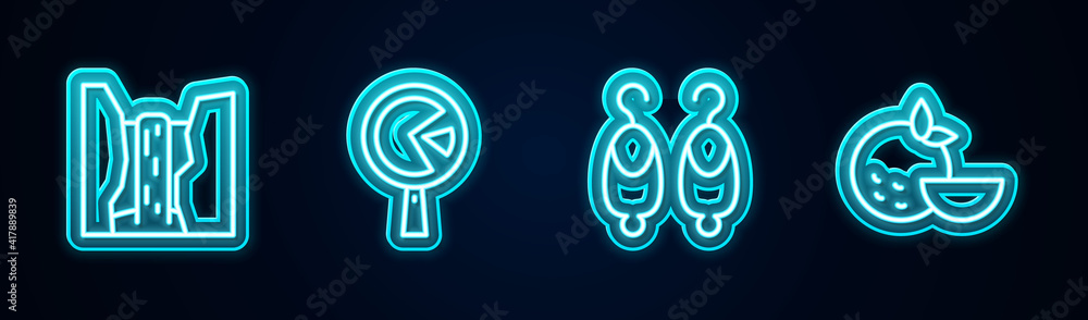 Set line Algar waterfall, Omelette in frying pan, Earrings and Orange fruit. Glowing neon icon. Vector. Set line Algar waterfall, Omelette in frying pan, Earrings and Orange fruit. Glowing neon icon. Vector.