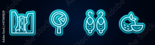 Set line Algar waterfall, Omelette in frying pan, Earrings and Orange fruit. Glowing neon icon. Vector.