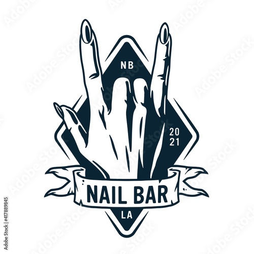 Emblem with woman wrist rock sign. Female hand with rock and roll fingers for nail bar and beauty studio. Fashion, trendy style of fingernails