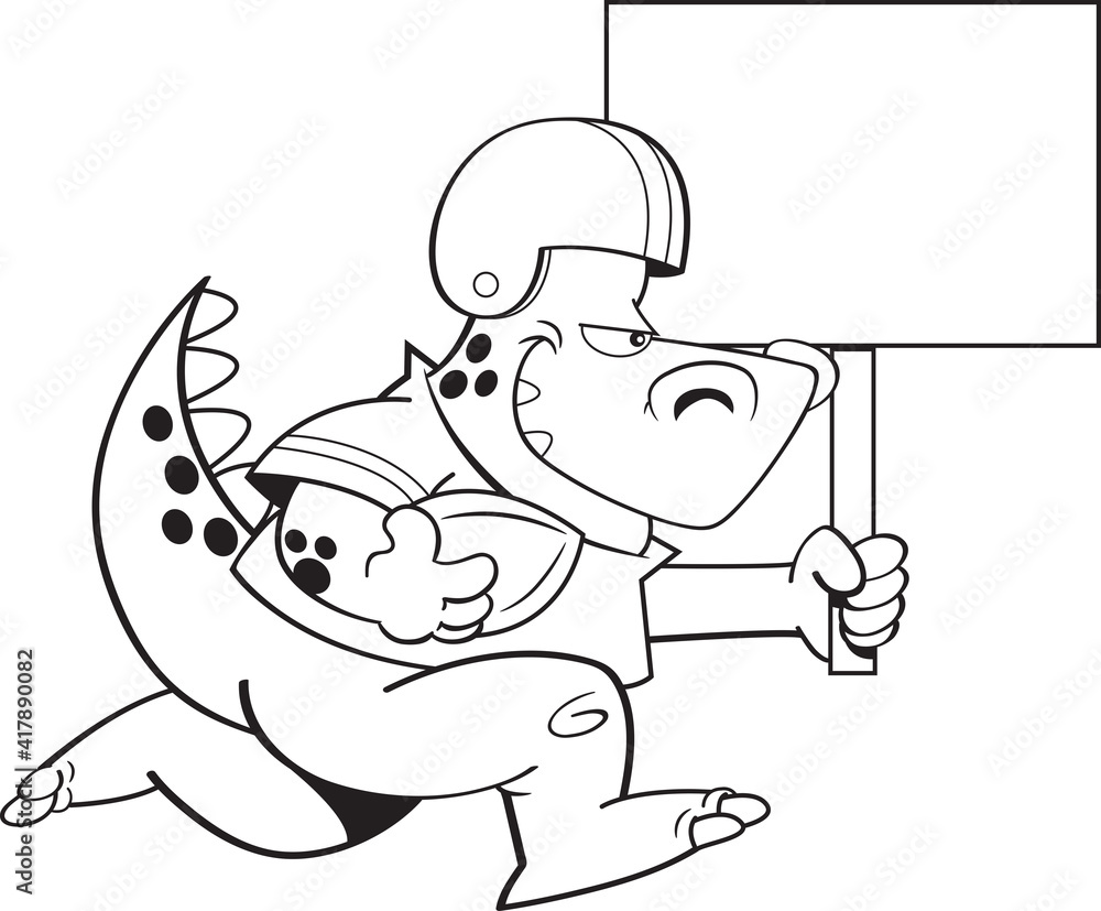 Black and white illustration of a dinosaur playing football and holding a large sign. Black and white illustration of a dinosaur playing football and holding a large sign.