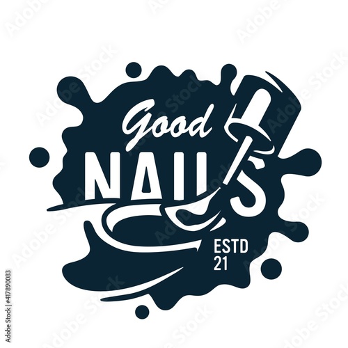 Emblem with manicure polish or varnish with brush and female finger for nail bar and beauty salon. Fingernail studio or manicurist service with form blot and blotch