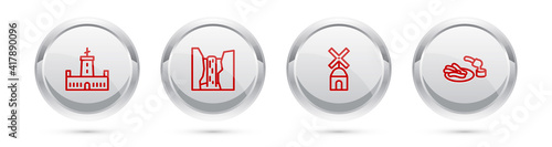 Set line Montjuic castle, Algar waterfall, Windmill and Churros and chocolate. Silver circle button. Vector.