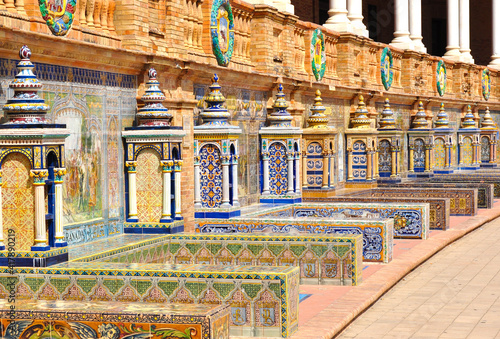Benches with names of Spanish cities on Spain square in Seville