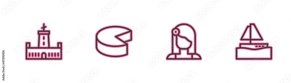 Set line Montjuic castle, Spanish woman, Cheese and Yacht sailboat icon. Vector. Set line Montjuic castle, Spanish woman, Cheese and Yacht sailboat icon. Vector.