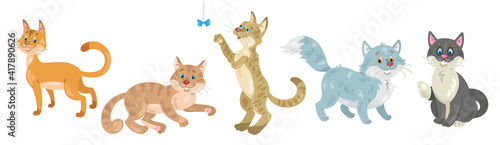 Set of five funny cats in different colors and  in various poses. In cartoon style. Isolated on white background. Vector flat illustration.